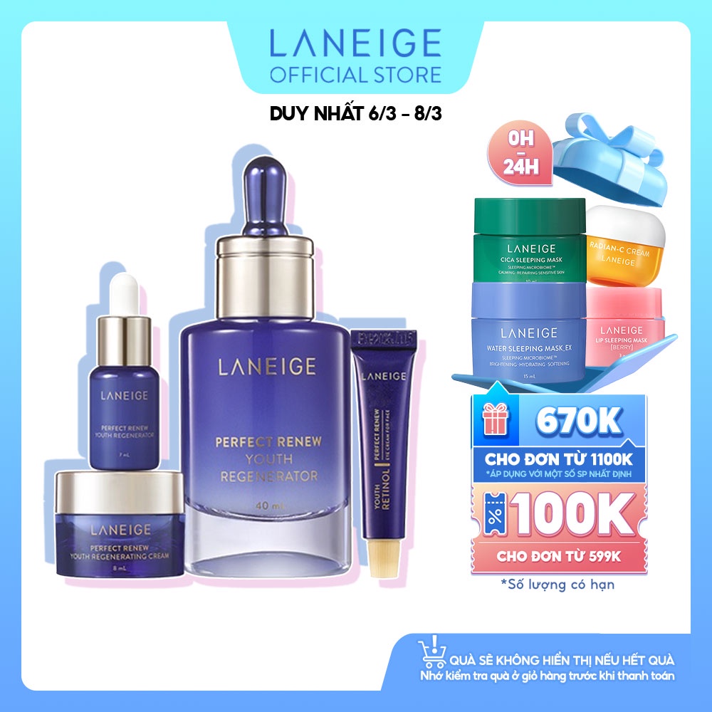 Bộ tinh chất ngăn ngừa lão hoá &amp; kem ngăn ngừa lão hóa Perfect Renew cho da mắt và da mặt LANEIGE Perfect Renew