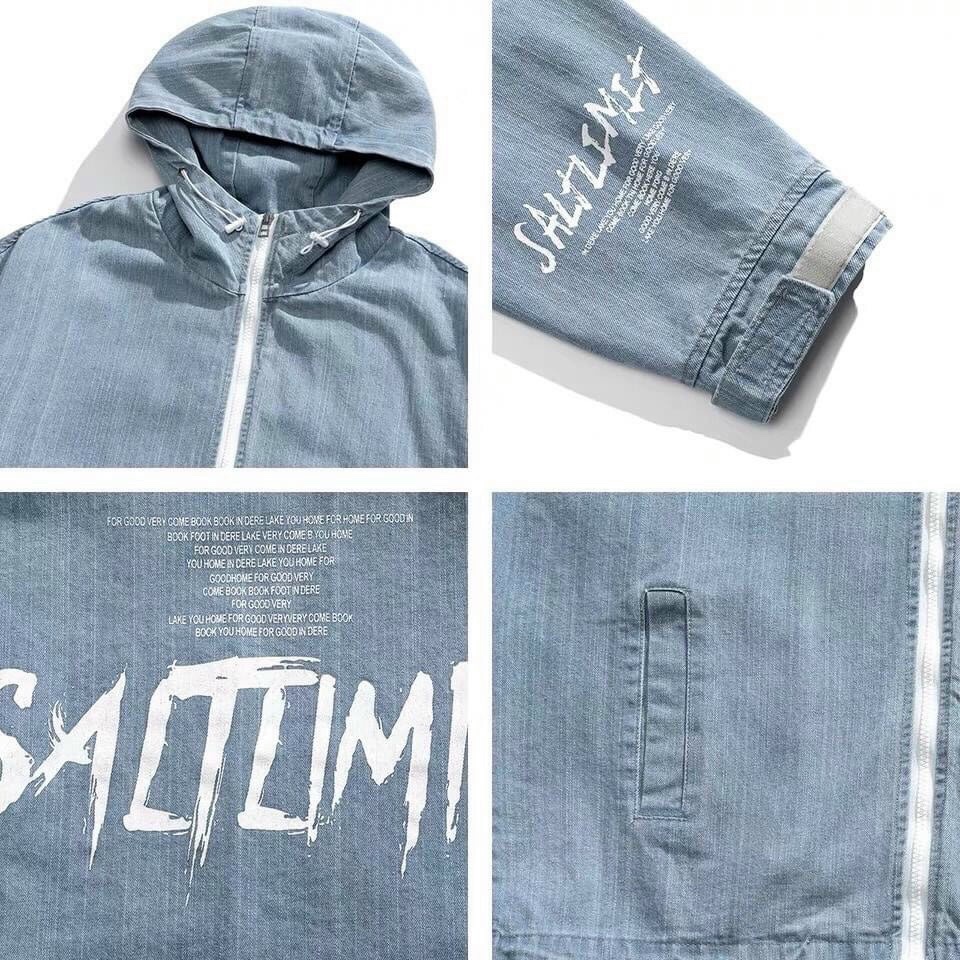 Áo khoác jean nam có mũ in chữ salt limit, áo bò mẫu mới về đang thịnh hành 2022, True Store, AKJ007