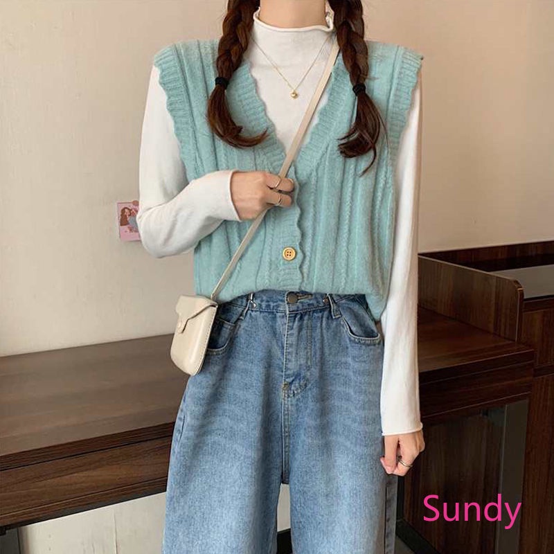 Áo Dệt Kim Sát Nách Cổ Chữ V Phối Ren Thời Trang Mùa Thu Hàn Quốc Cho Bé Gái | BigBuy360 - bigbuy360.vn