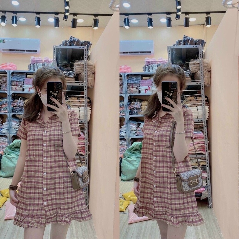 Đầm sơ mi caro tay con phối bèo dáng suông_hình thật.