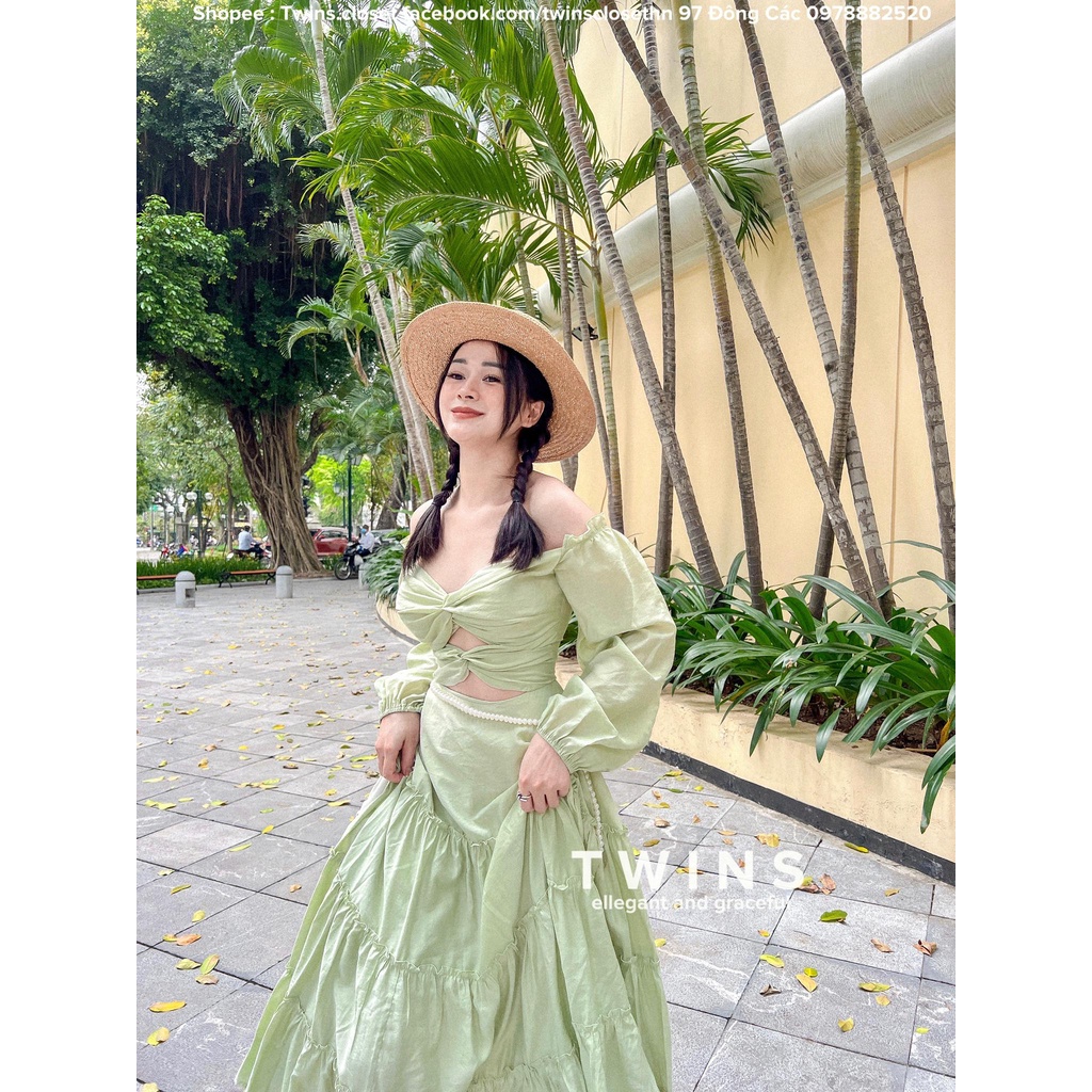 Đầm maxi cắt eo nhiều chi tiết ( Mayamie baby green maxi)
