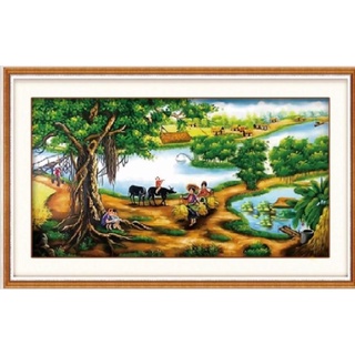 Tranh thêu chữ thập Làng quê việt nam