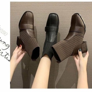 Giày bốt/ boot nữ mũi da cổ cao len chun siêu đẹp guốc 5cm