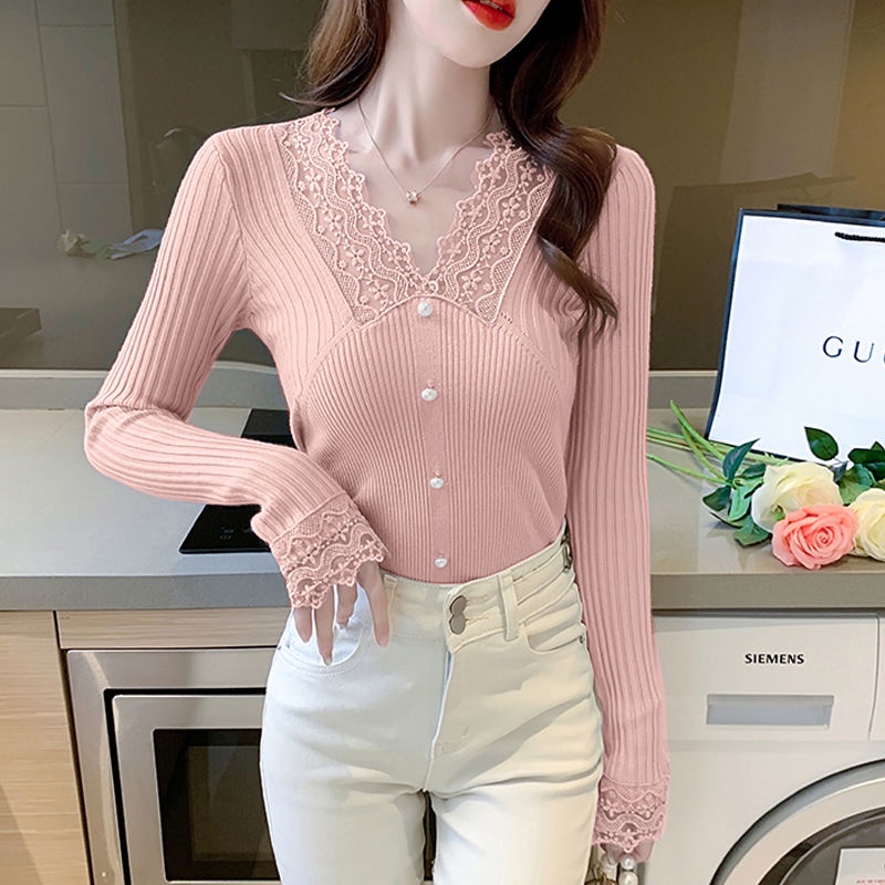 Áo sweater dệt kim cổ chữ v phối ren thiết kế trang nhã cho nữ
