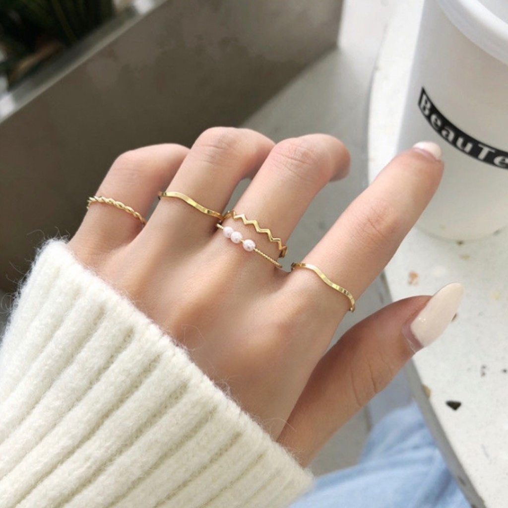 Set 5 nhẫn nữ, bộ 5 chiếc nhẫn đính hạt ngọc cao cấp, phong cách thời trang cá tính