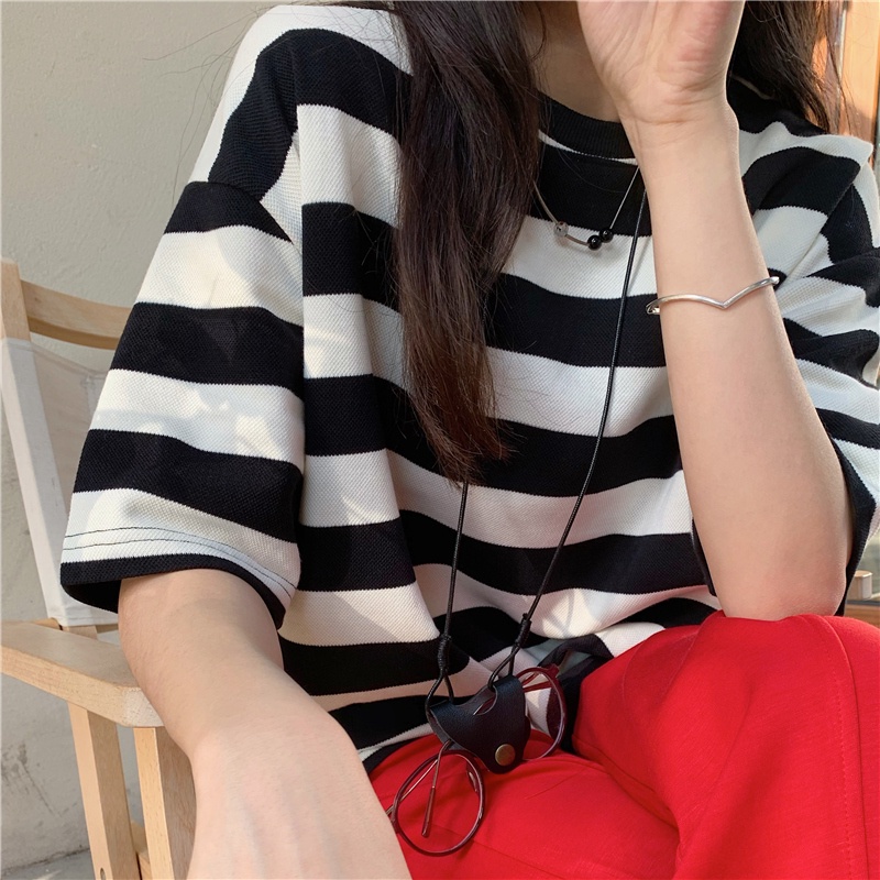 Áo thun SUXI cổ tròn dáng rộng họa tiết kẻ sọc thời trang mùa hè phong cách vintage cho nữ