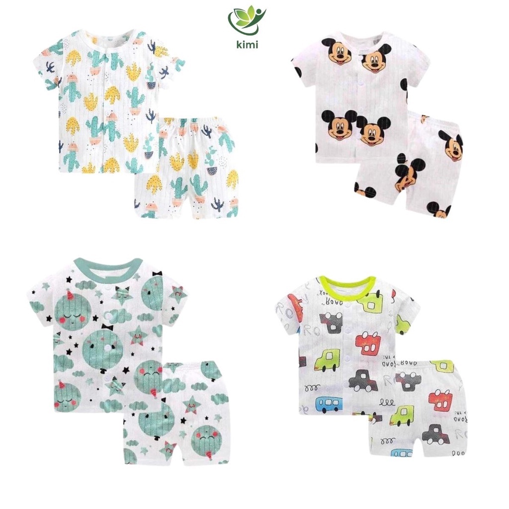 Bộ cộc tay cotton giấy cúc cài vai cho bé trai bé gái trẻ sơ sinh từ 3-15kg 10H