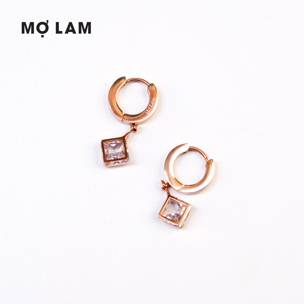 Hoa tai vàng hình thoi đính đá | Bông tai hột xoàn | Trang sức Titan Mợ Lam | Titanium Square Dangle Earrings