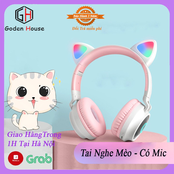 Tai nghe blutooth tai mèo Goden House cao cấp, tai nghe chụp tai mèo đáng yêu, có mic, chống ồn-BH 12 tháng