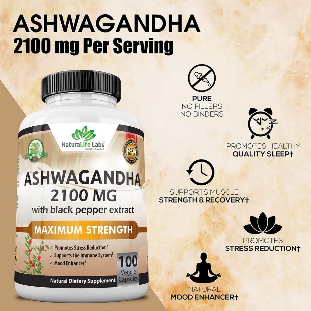 NaturaLife Labs Viên uống Ashwagandha hữu cơ 2100mg với tiêu đen giúp giảm căng thẳng, lo âu, hỗ trợ tuyến giáp 100 viên