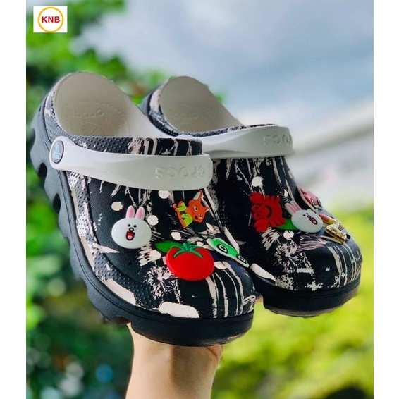 Dép nữ nam, Dép suc Duet Cross Đen Trắng Công Camo -Freeship + 12 sticker- Dép Quai Ngang nam nữ bít đầu hàn quốc