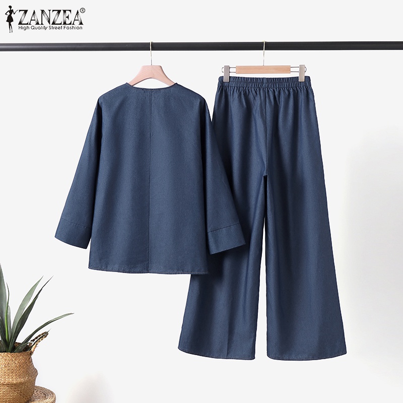 Zanzea Set Áo Denim Tay 3 / 4 Và Quần Dài Ống Rộng Thời Trang Nữ