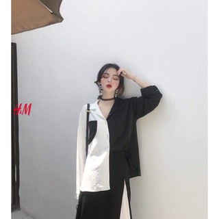 Áo sơ mi phối thân đen trắng .