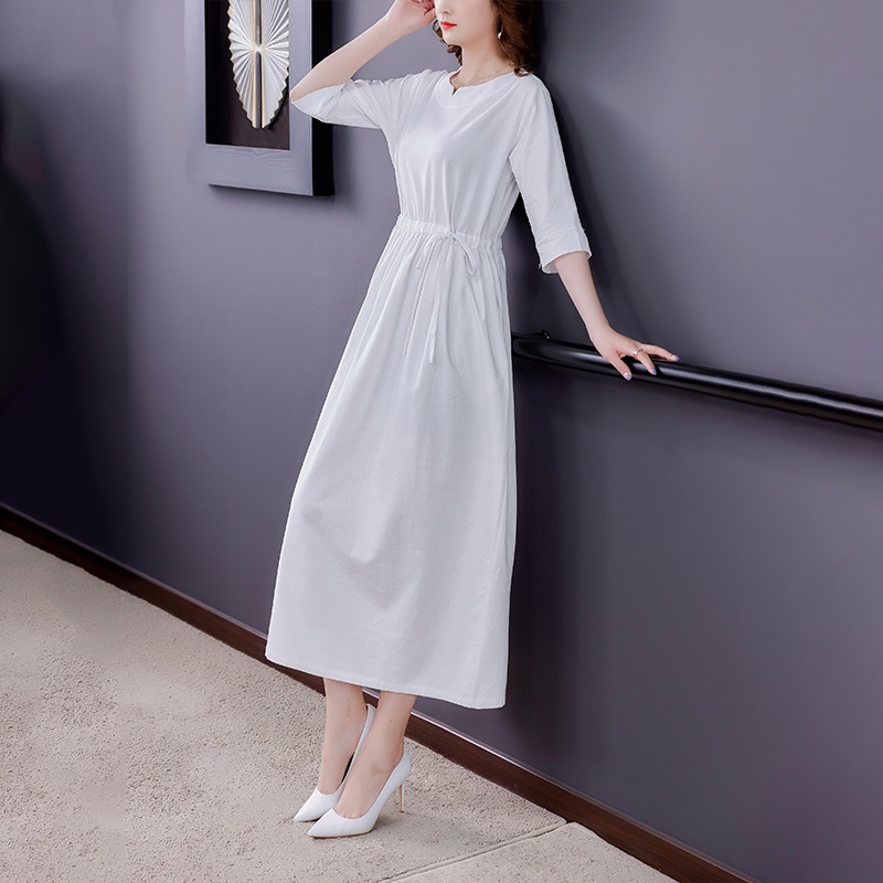 Đầm nữ dáng dài form rộng - Váy suông dài trơn, thắt eo vintage