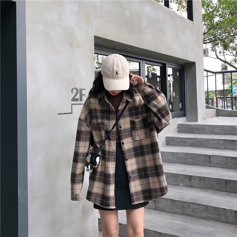 Áo sơ mi tay dài dáng rộng in họa tiết caro thời trang Hàn Quốc