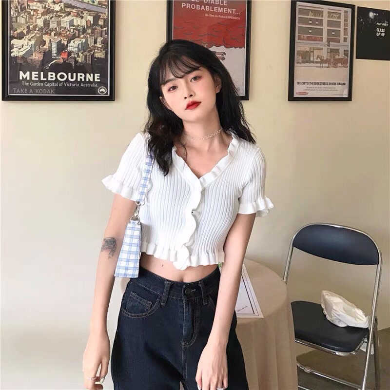 áo len mông cộc tay dáng croptop viền bèo 3 khuy cài (3203#)