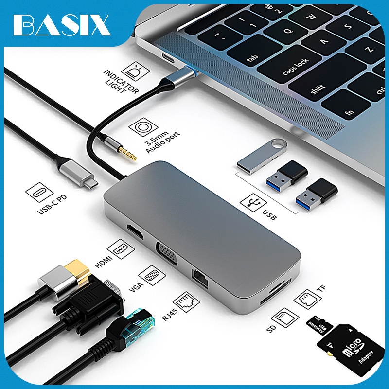 Bộ chia cổng USB C HUB Type C sang HDMI 4K VGA 1080P RJ45 100M SD/TF 3.5mm AUX 10 trong 1 cho Macbook Air Pro Mate 20