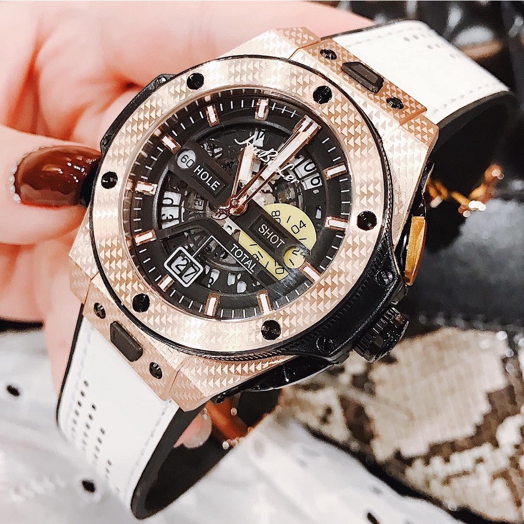 Đồng Hồ Nam Huboler Automatic Dây Silicon Trắng Rose Gold Chính Hãng 42mm