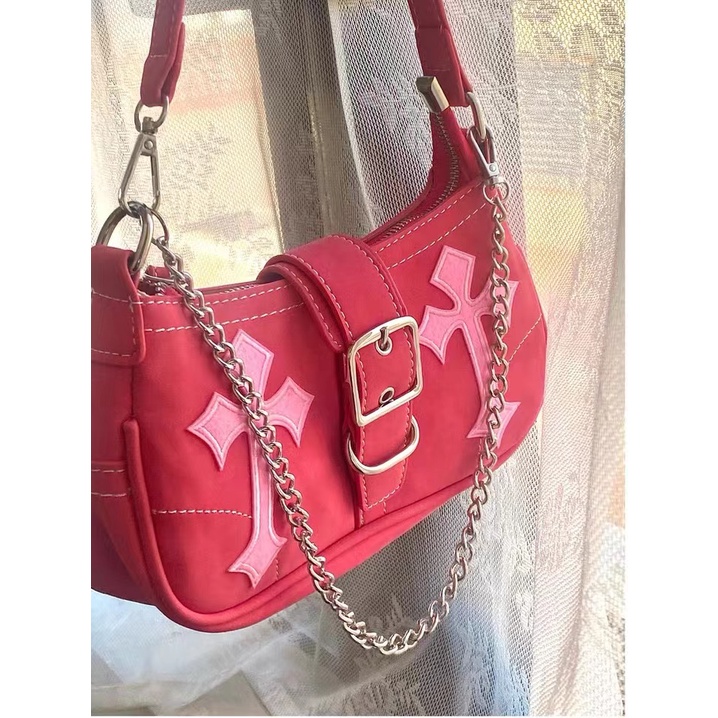 Túi Xách Đeo Dưới Cánh Tay Chất Liệu Canvas Phối Dây Xích Họa Tiết Hoa Hồng Đỏ