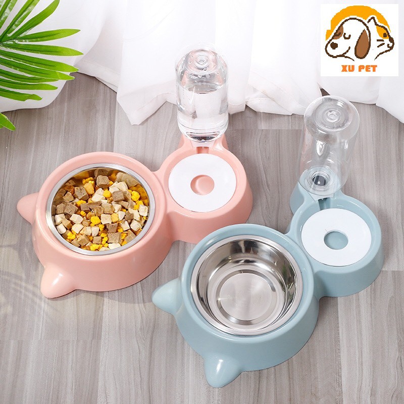 [Mã 1511FMCGSALE giảm 8% đơn 500K] Bát Ăn Đôi Bằng Inox Cho Chó Mèo Kèm Bình Nước Tự Động