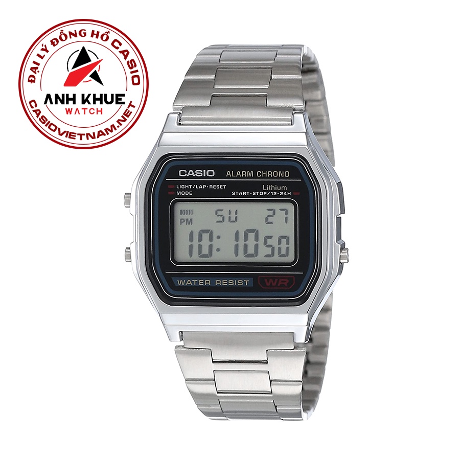 Đồng Hồ Casio Unisex A158WA-1DF Điện Tử Cổ Điển | Mặt Vuông | Dây Kim Loại