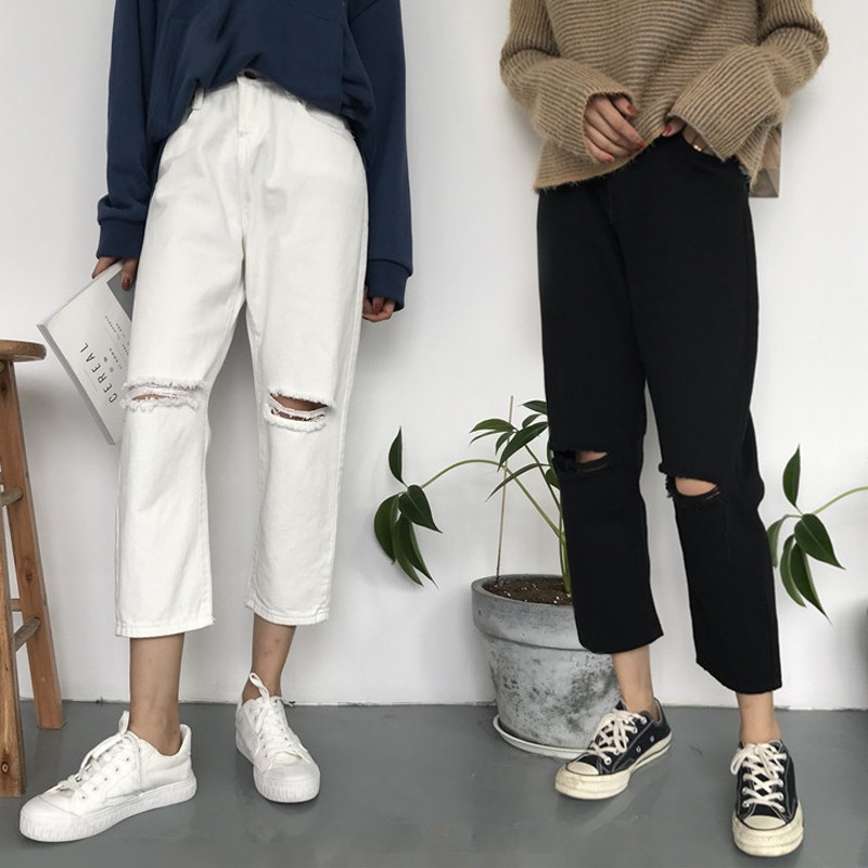 quần baggy đen trắng rách gối ulzzang order quần jean ống suông dáng hàn quốc CÓ ẢNH THẬT