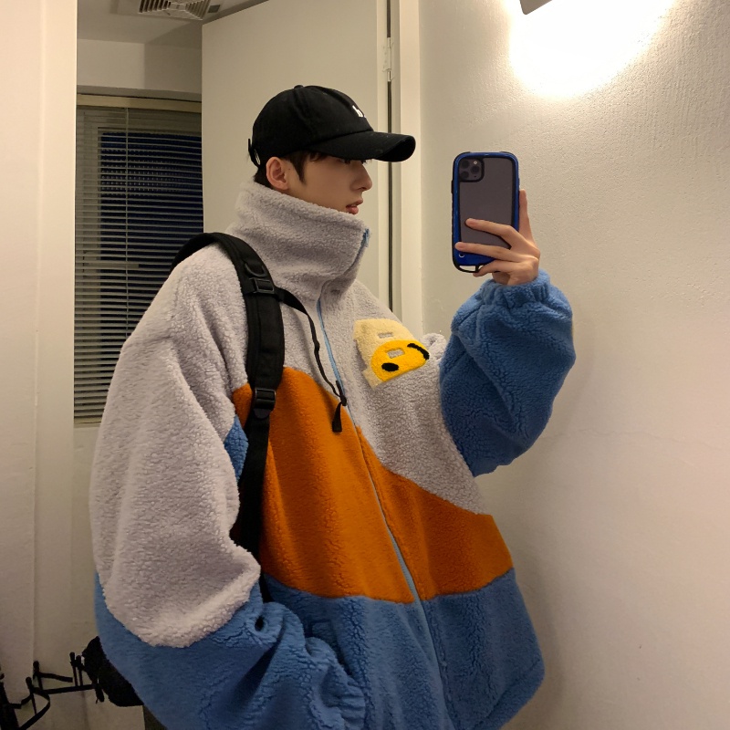 Áo Khoác Bóng Chày Cổ Đứng Dáng Rộng Chất Liệu Cotton Len Lông Cừu Màu Sắc Tương Phản Thời Trang Cho Nam