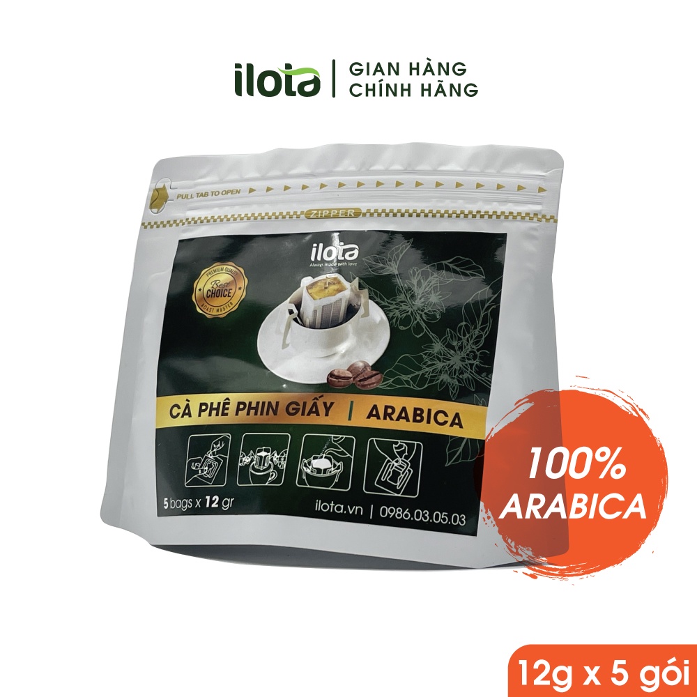 Cà phê Phin giấy 100% Arabica Cao Cấp Nguyên chất Rang mộc Tuơi mới Cafe ILOTA Coffee (Bao 5 gói)