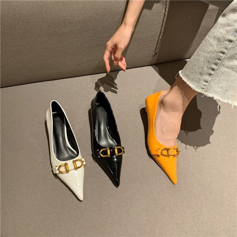 Giày da m3yc mũi nhọn gót thấp phối khóa kim loại kiểu mùa xuân thu trẻ trung dành cho nữ