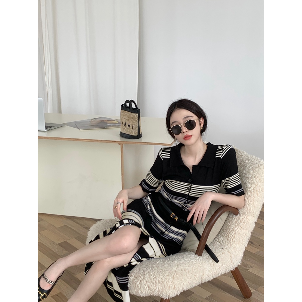 Đầm Dệt Kim Dáng Dài Cổ polo Họa Tiết Kẻ Sọc Phong Cách Pháp Cao Cấp