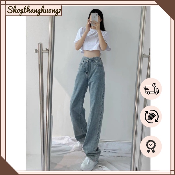 Quần Jeans Ống Rộng Xanh - Quần Bò Ống Rộng Nữ Dáng Suông 1 Cúc Cạp Chéo Ulzzang Unisex