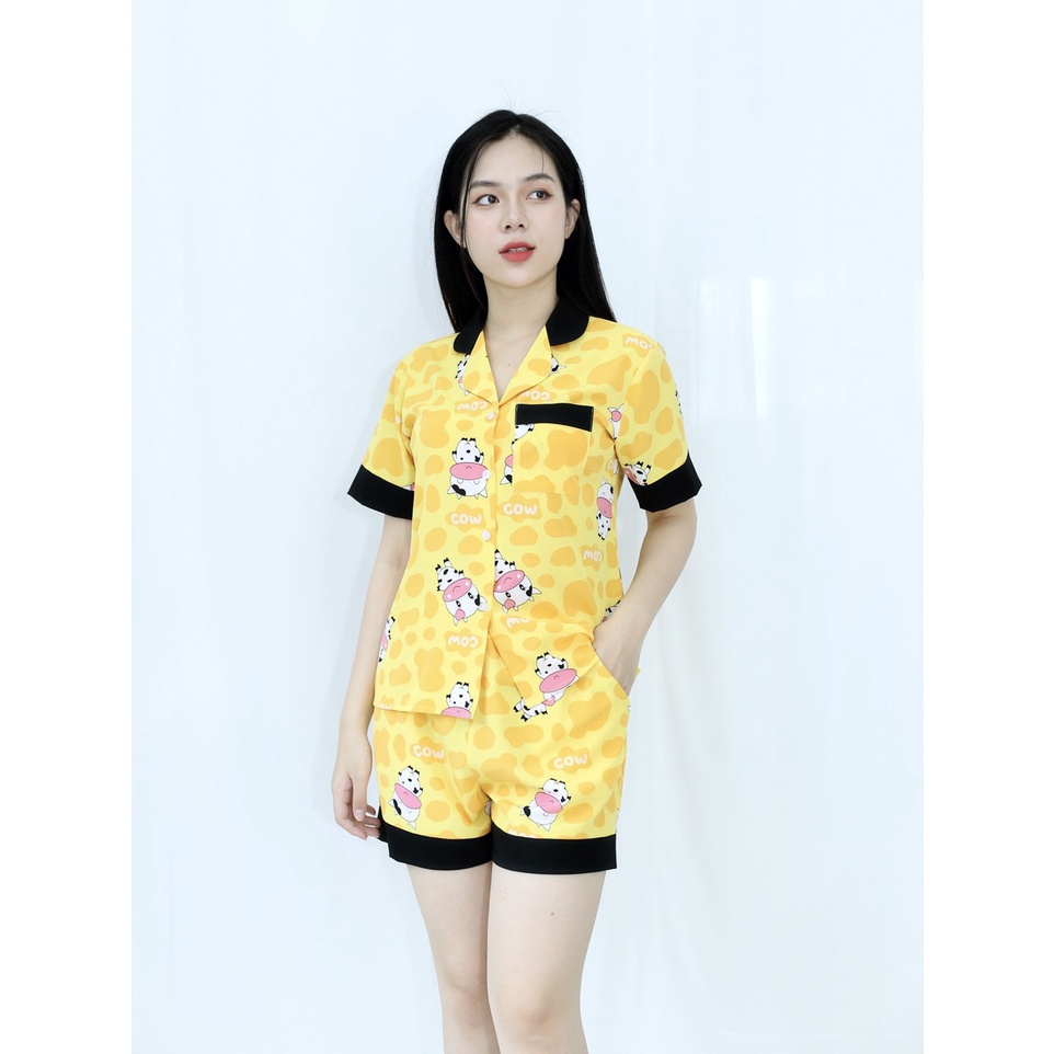 [HÌNH THẬT 100%]  Bộ đồ bộ ngắn MÀU VÀNG CON THÚ CỰC XINH  - vải siêu lụa  - Cực Kì Sang Chảnh