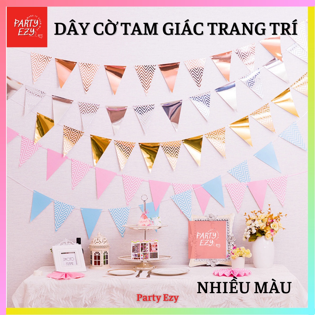 DÂY CỜ TAM GIÁC TRANG TRÍ ÁNH KIM (12 LÁ CỜ+CUỘN RUY BĂNG NHỎ), PHỤ KIỆN TRANG TRÍ TIỆC