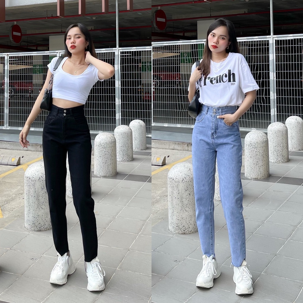 Quần Bò Nữ Quần Baggy lưng Cao 2Nút Lai Cắt Shop Maika-Jeans