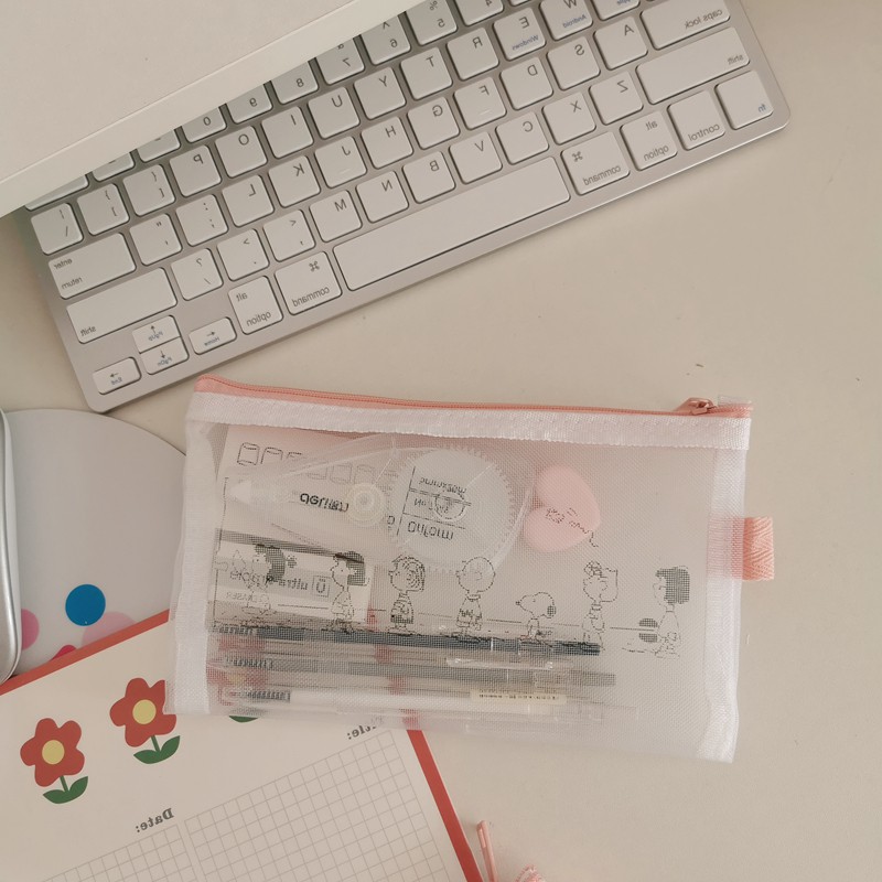 Túi đựng bút chì lưới cho học sinh hình Snoopy trong suốt dễ thương