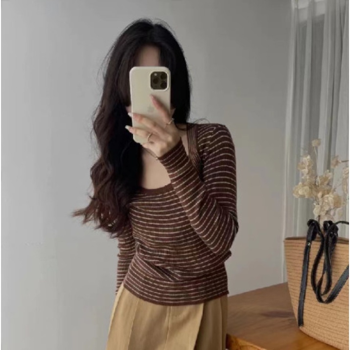 SUXI Áo Sweater Dệt Kim Tay Dài Dáng Ôm Kẻ Sọc Kiểu Vintage Thời Trang Mùa Thu Cho Nữ