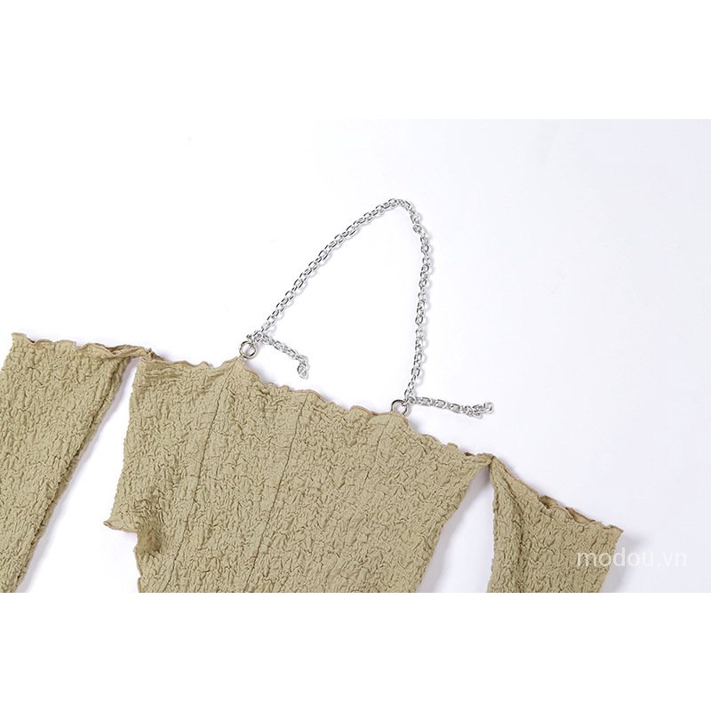 Áo kiểu trễ vai tay dài phối dây xích thời trang cho nữ