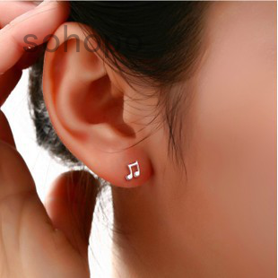 Sohopo Đôi khuyên tai mạ bạc hình nốt nhạc nhỏ nhắn xinh xắn cho nữ