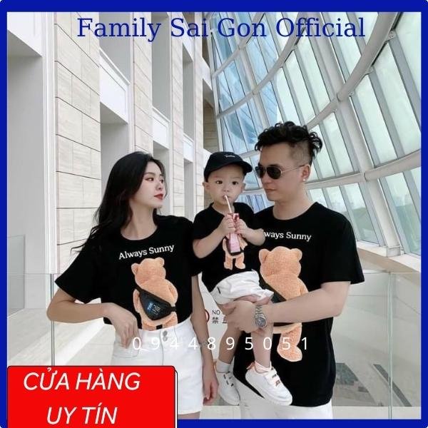 áo gia đình 3/4/5 người gấu đeo cặp chất đẹp, cotton thấm hút mồ hôi