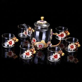 Bộ ấm trà thủy tinh Vạn thọ vô cương có hộp quà tết