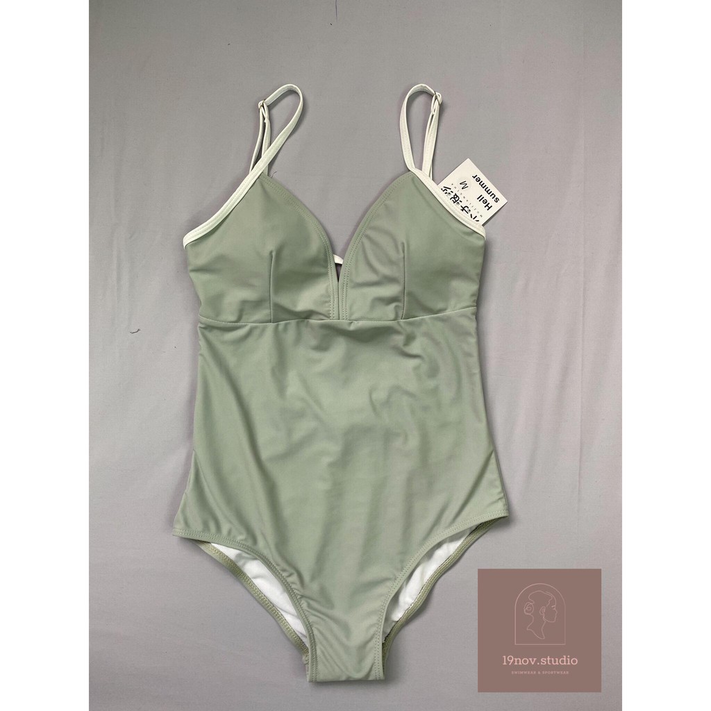 Bikini đồ bơi nữ 1 mảnh liền thân 2 dây cổ V viền màu