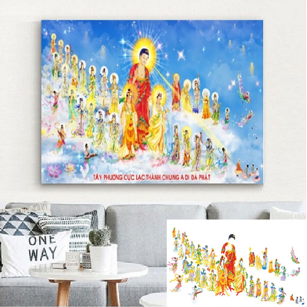 Tranh thêu chữ thập phật tây phương cực lạc KT:113x63cm, tranh chưa thêu.Tặng kéo và xỏ chỉ.