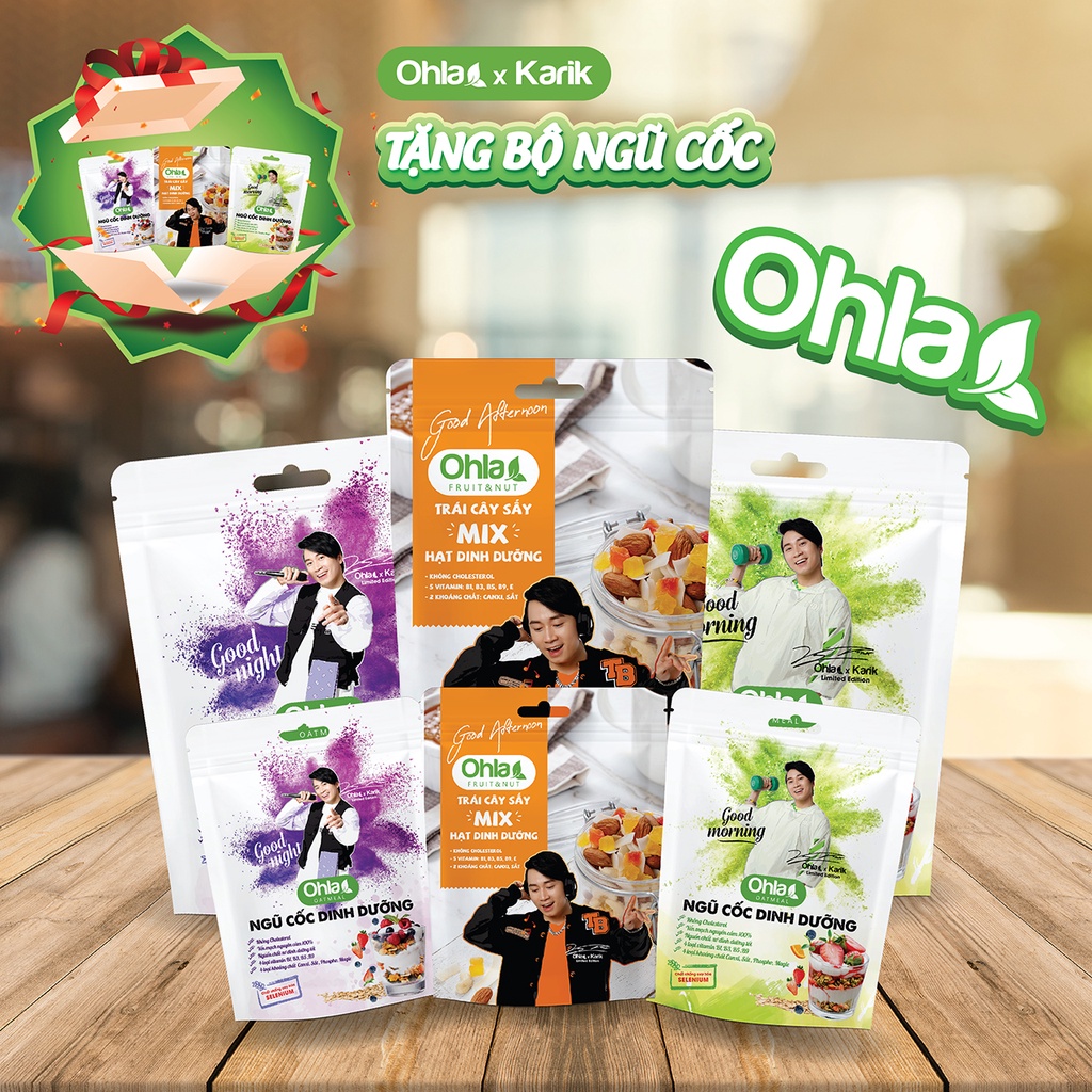 Combo Ngũ Cốc Dinh Dưỡng Ohla Chill x Karik gồm 1 bộ Ngũ Cốc Bigsize 180g và 1 bộ Ngũ Cốc Minisize 60g