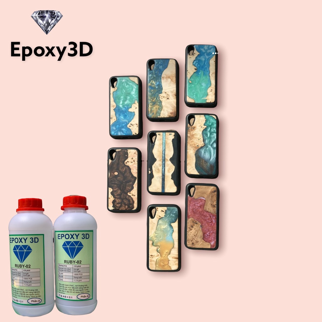 Bộ 1KG Keo Epoxy Resin 3D Ruby-02 nhanh khô, độ bóng cao