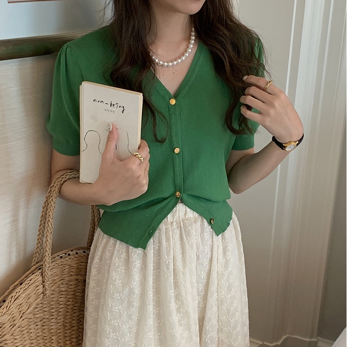 Áo SUXI dệt kim tay ngắn cổ chữ V màu sắc đơn giản dành cho nữ