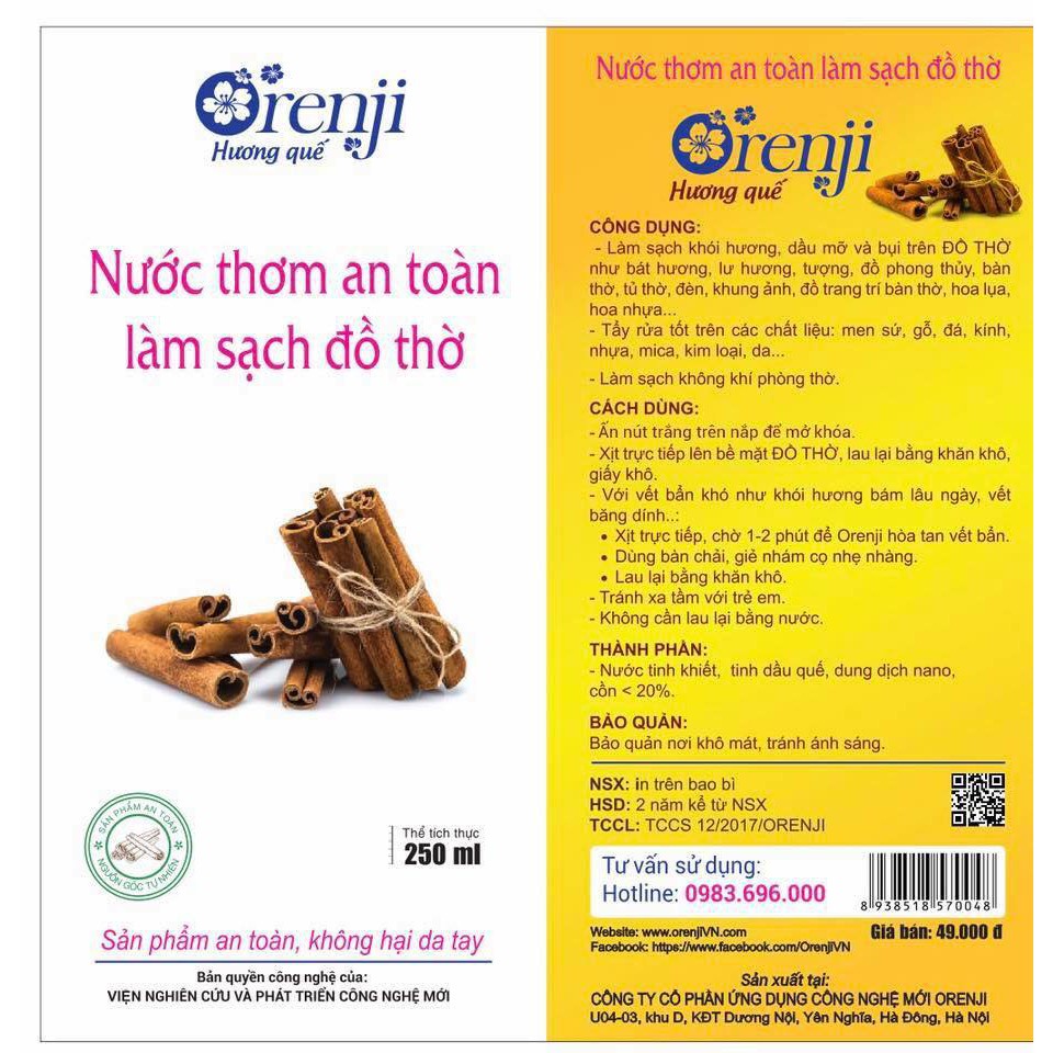 Nước lau đồ thờ hương quế ORENJI, chai 250ml - tăng vượng khí - hút tài lộc