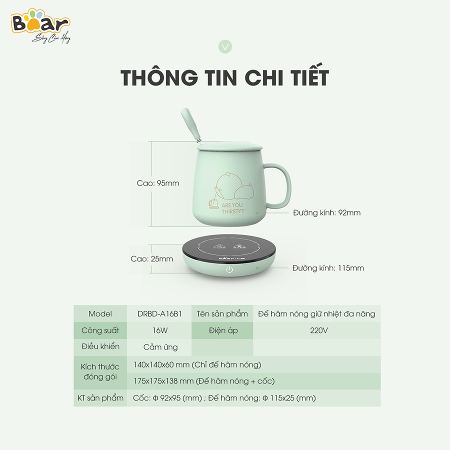 [Nội địa] Đế hâm nóng thức uống tương thích nhiều chất liệu kèm cốc sứ Bear DRBD-A16B1 16W màu xanh - Hàng chính hãng