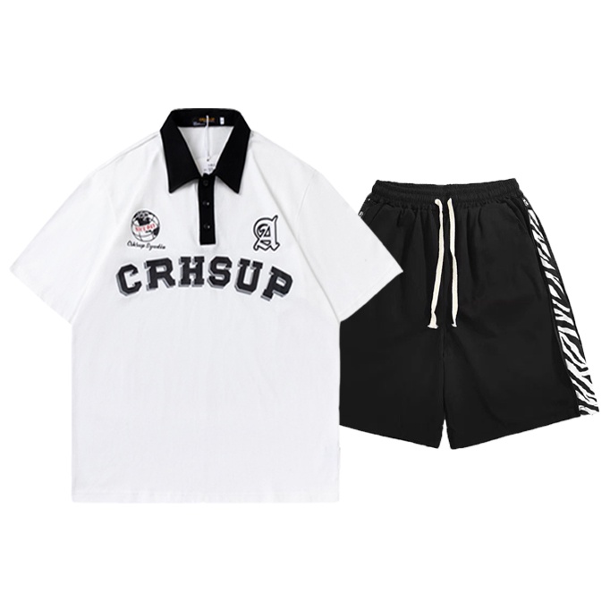 Bộ Đồ Nam Nữ Mùa Hè Áo Polo Tay Lỡ CRHSUP Quần Short Họa Tiết Vằn Hai Bên Thời Trang Mixxno.1 T227 + S036