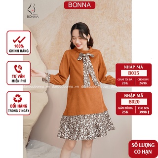 Váy bầu mùa đông Bonna chất nhung text cao cấp phối đuôi cá họa tiết nổi bật, mặc thu đông cực kì ấm áp, dễ chịu VS088