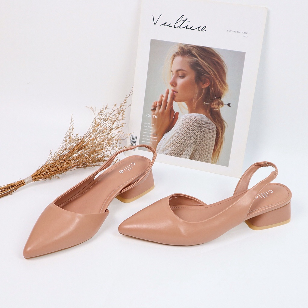 Giày cao gót slingback nữ mũi nhọn thanh lịch gót vuông cao 4cm đi chơi dạo phố đi làm Cillie 1041